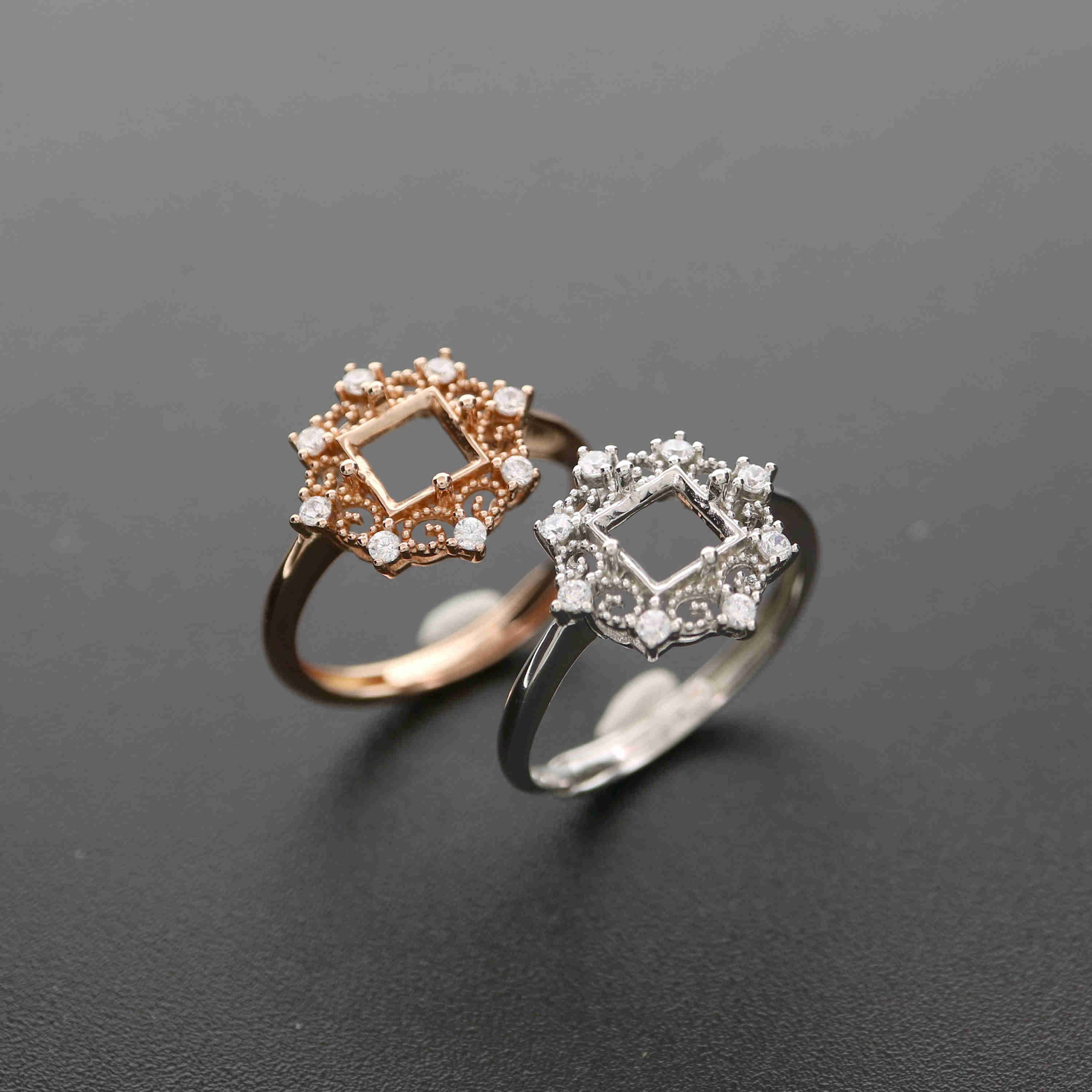 1Pcs 3-6MM Square Lace Rose Gold Silver Gems Cz Stone Prong Bezel Solid 925 Sterling Silver Adjustable Ring Settings 1294129 - Click Image to Close